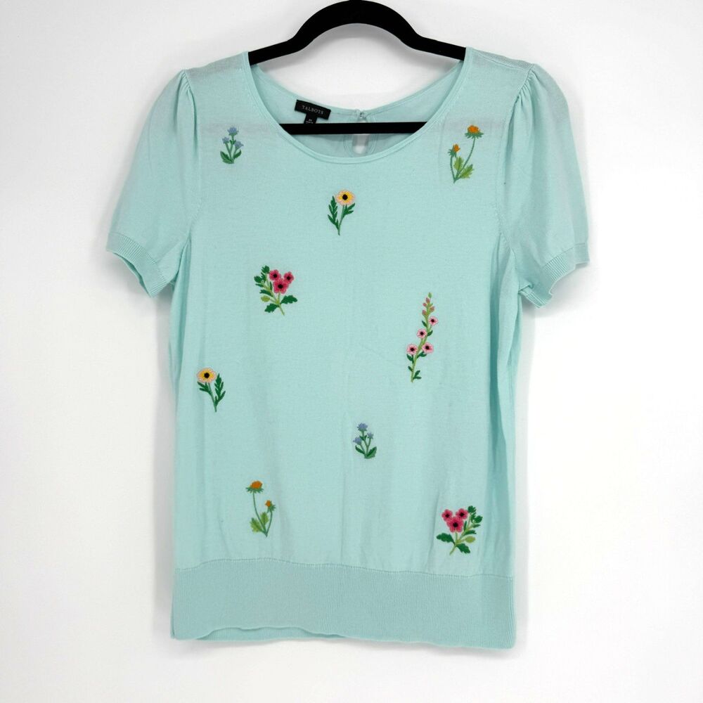Talbots Short Sleeve Sweater Top Size M Mint Blue Embroidered Floral Cottagecore